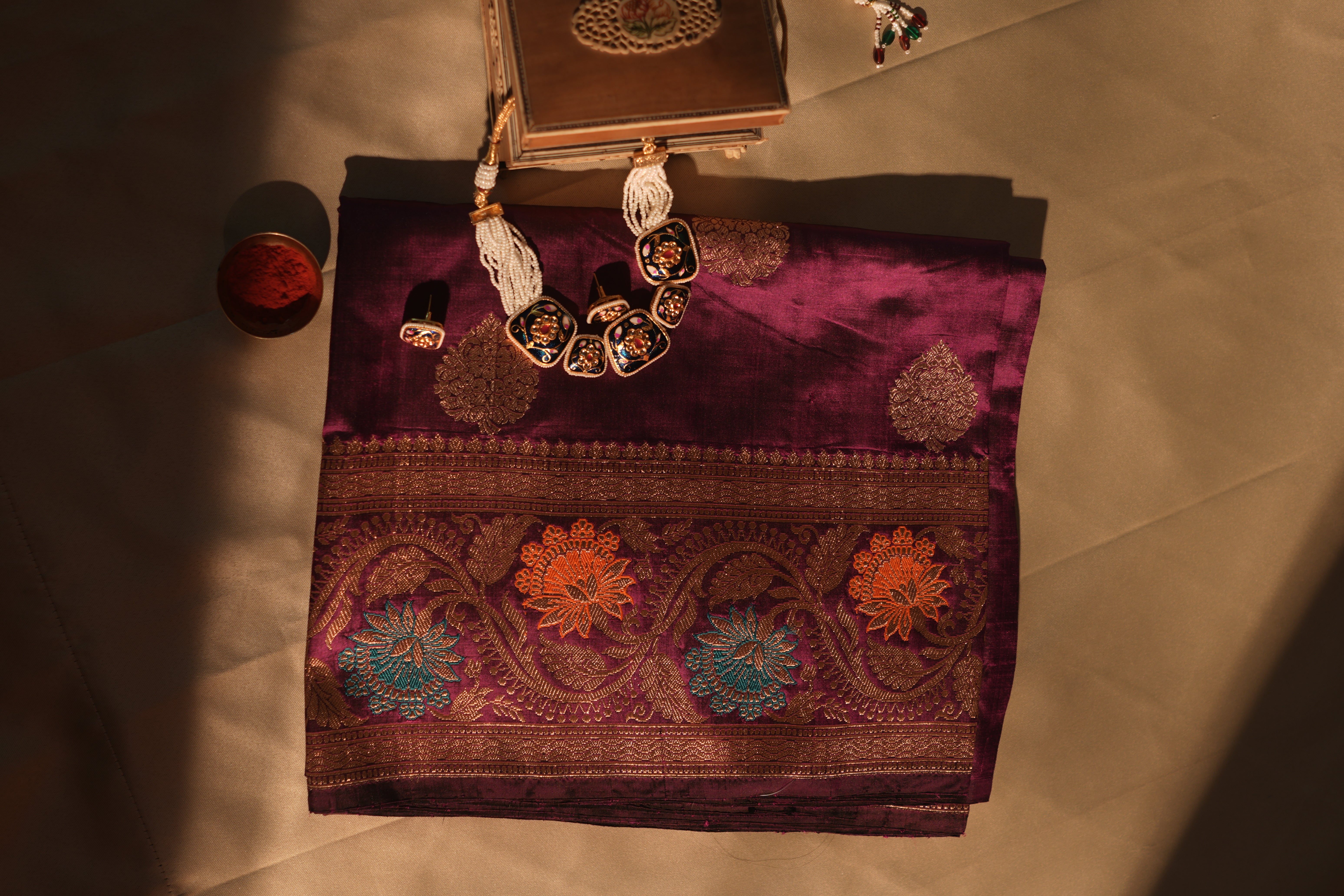 Rich Wine With Colorful Meenakari Work Banarasi Silk Saree With Blouse Piece