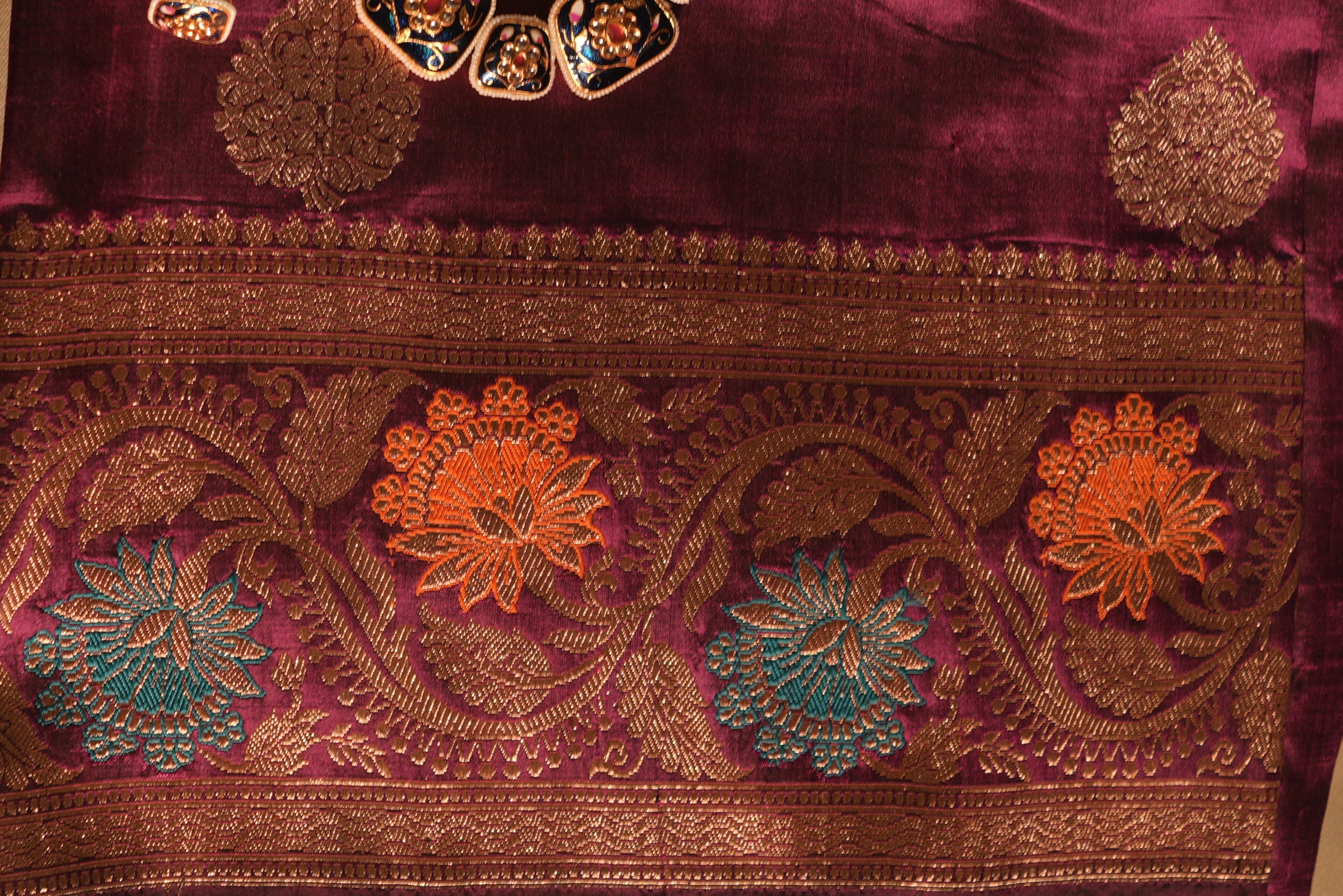 Rich Wine With Colorful Meenakari Work Banarasi Silk Saree With Blouse Piece