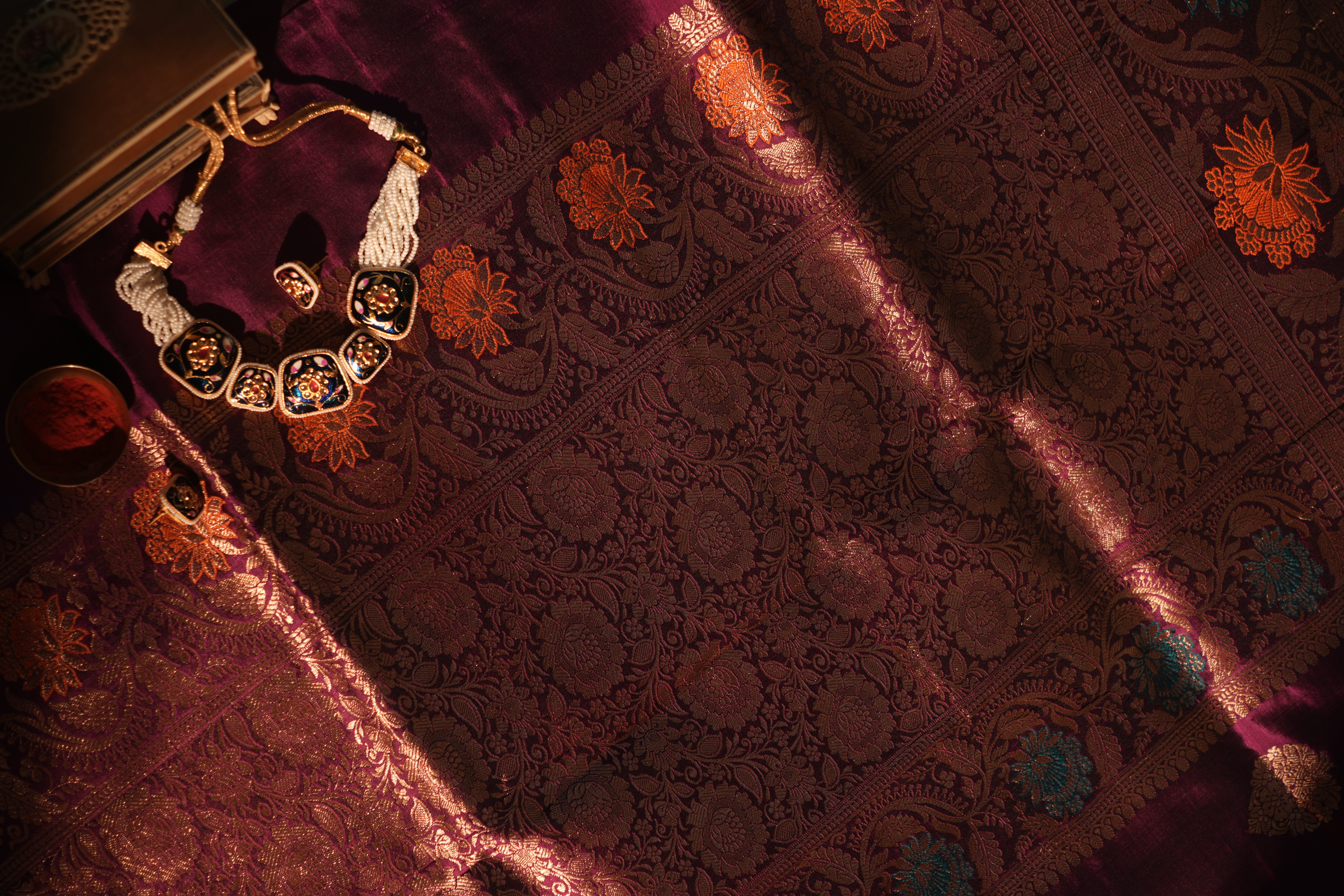 Rich Wine With Colorful Meenakari Work Banarasi Silk Saree With Blouse Piece