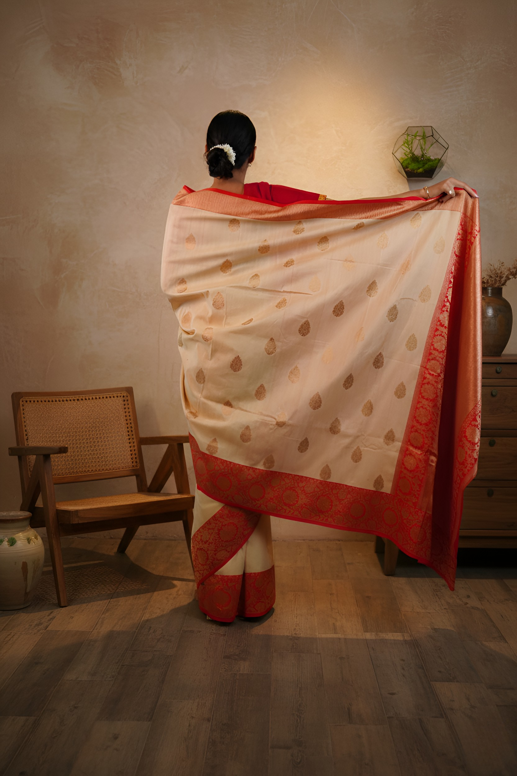 Royal Cream With Crimson Red Contrast Border Tussar Silk Saree with Blouse Piece