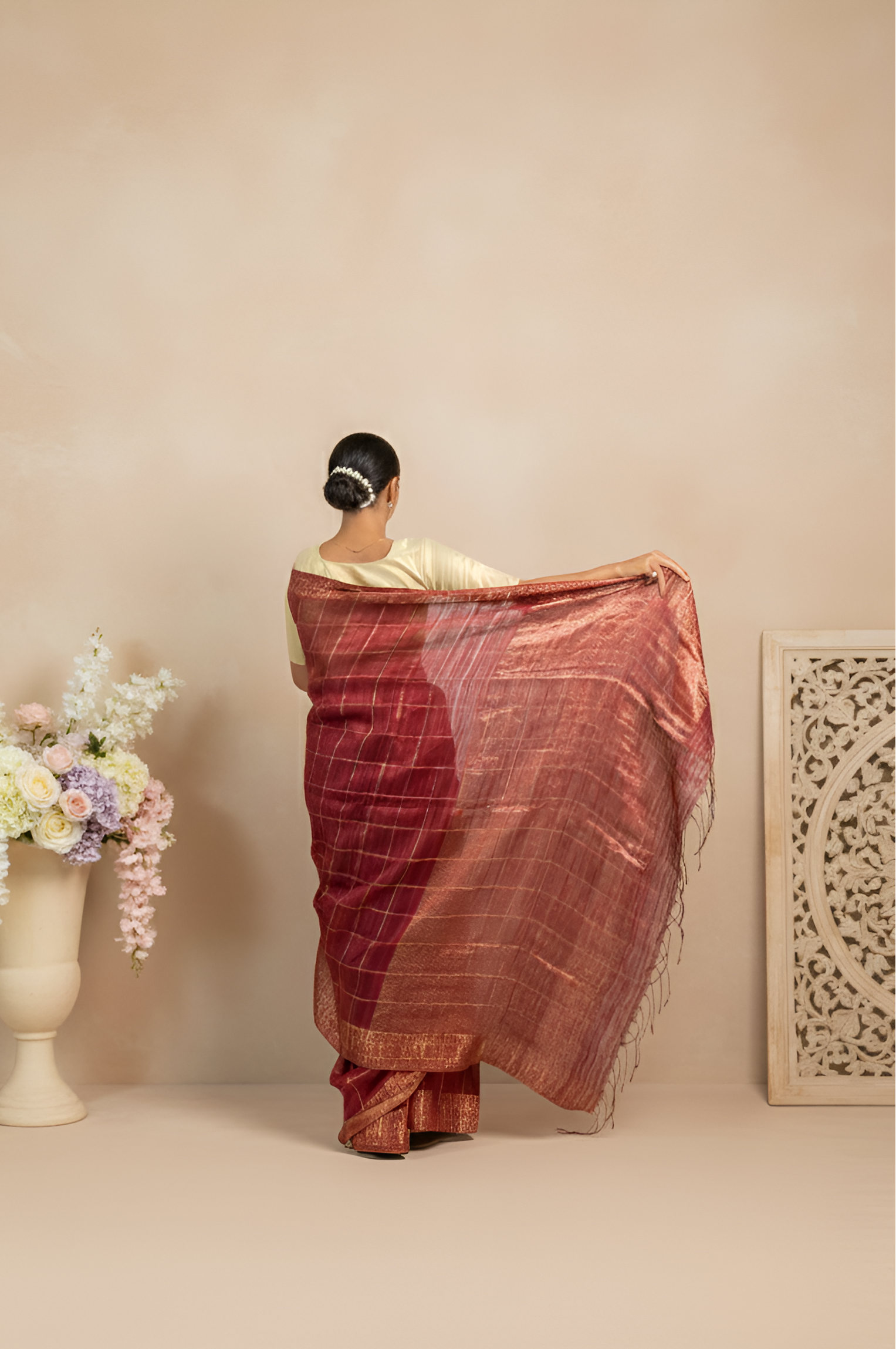Golden Checks, Zari Border Maroon Matka Silk Saree With Blouse Piece