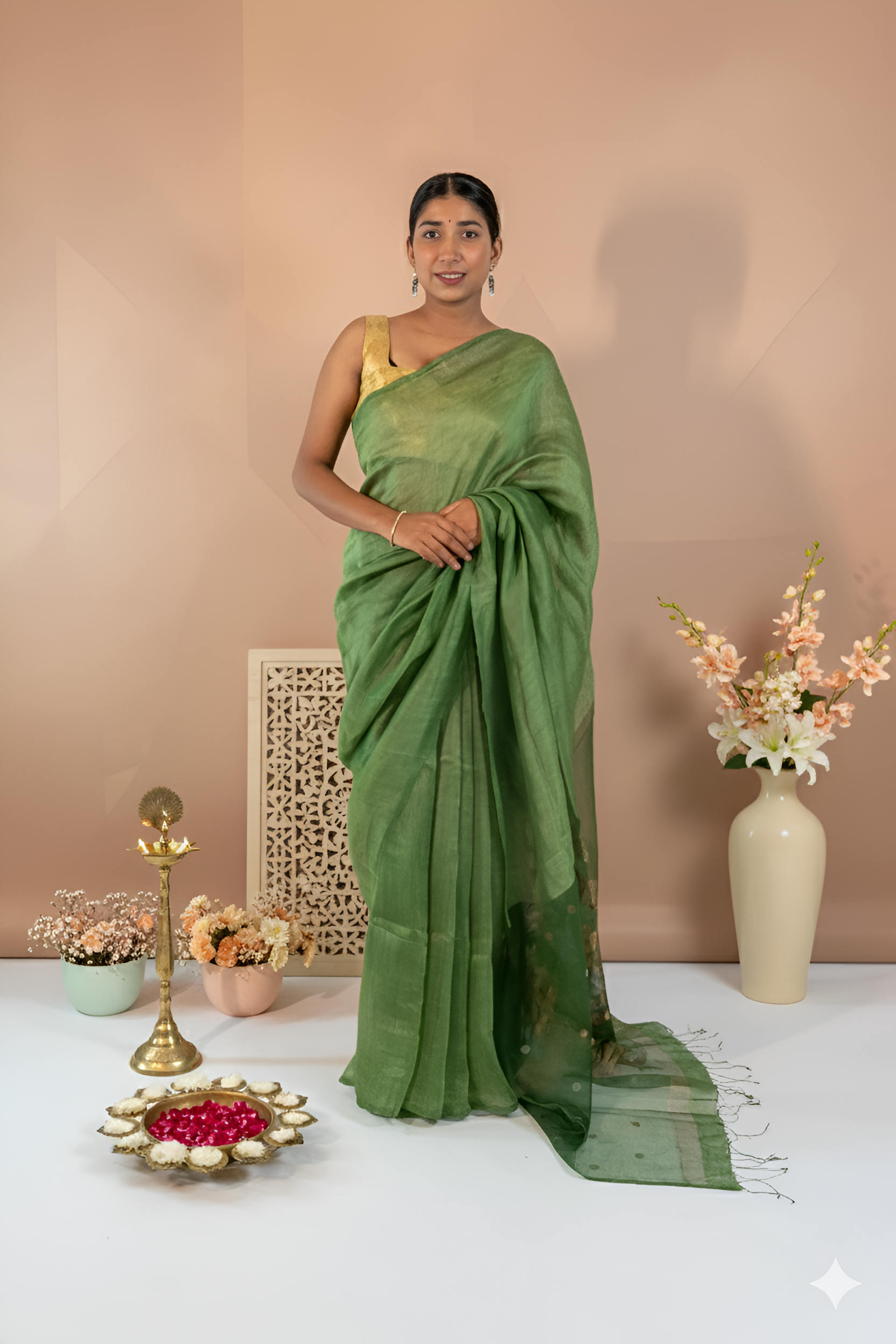 Light Meadow Green Solid Color, No Border Linen Silk Saree With Blouse Piece