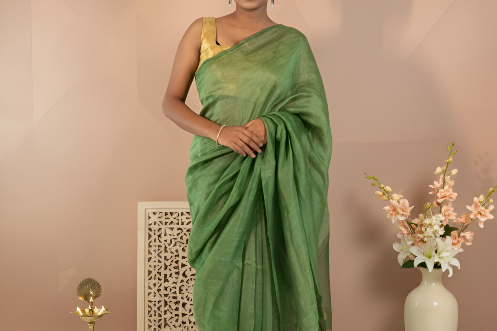 Light Meadow Green Solid Color, No Border Linen Silk Saree With Blouse Piece