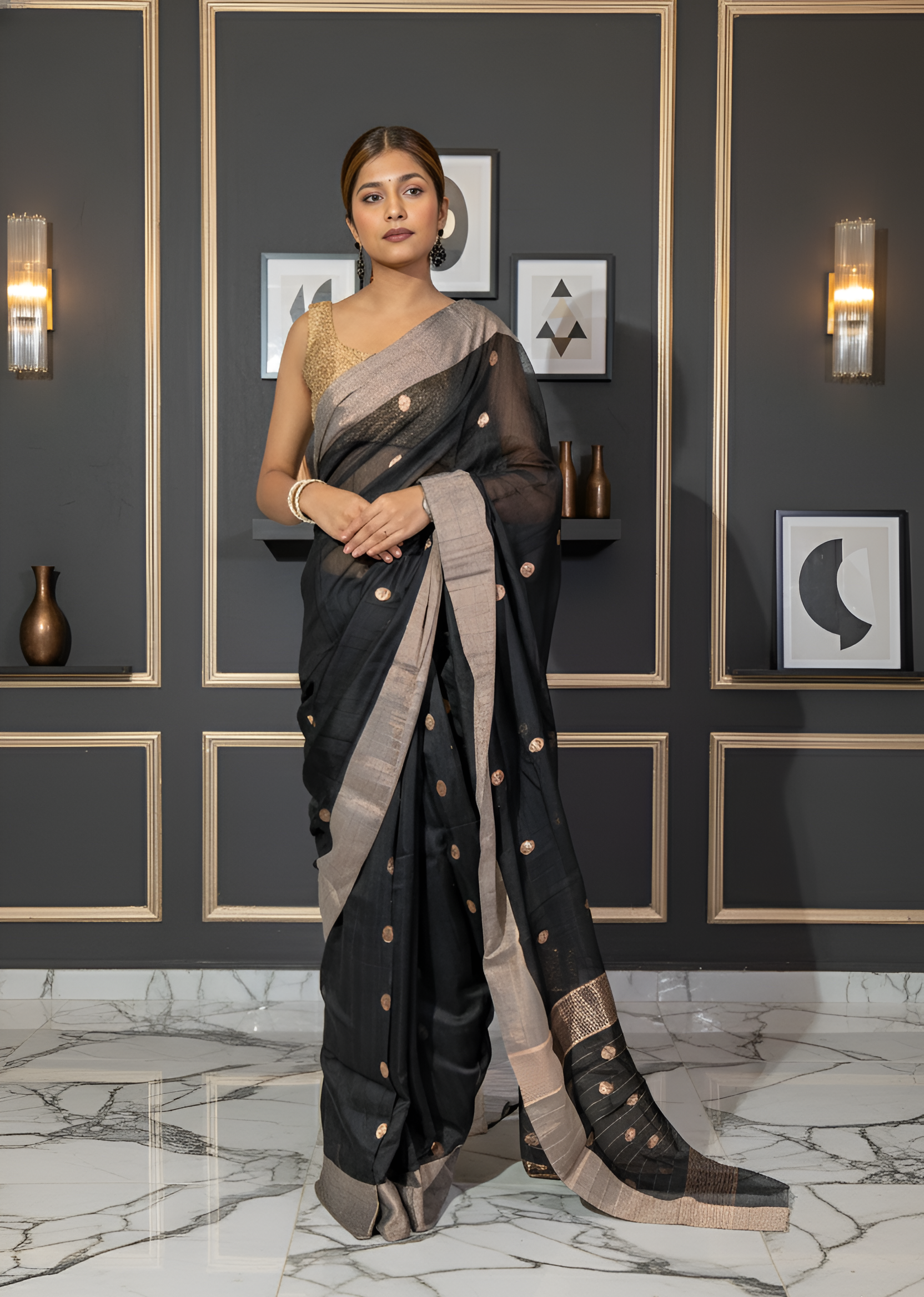 Black & Gold Chanderi Silk Cotton Saree With Blouse Piece