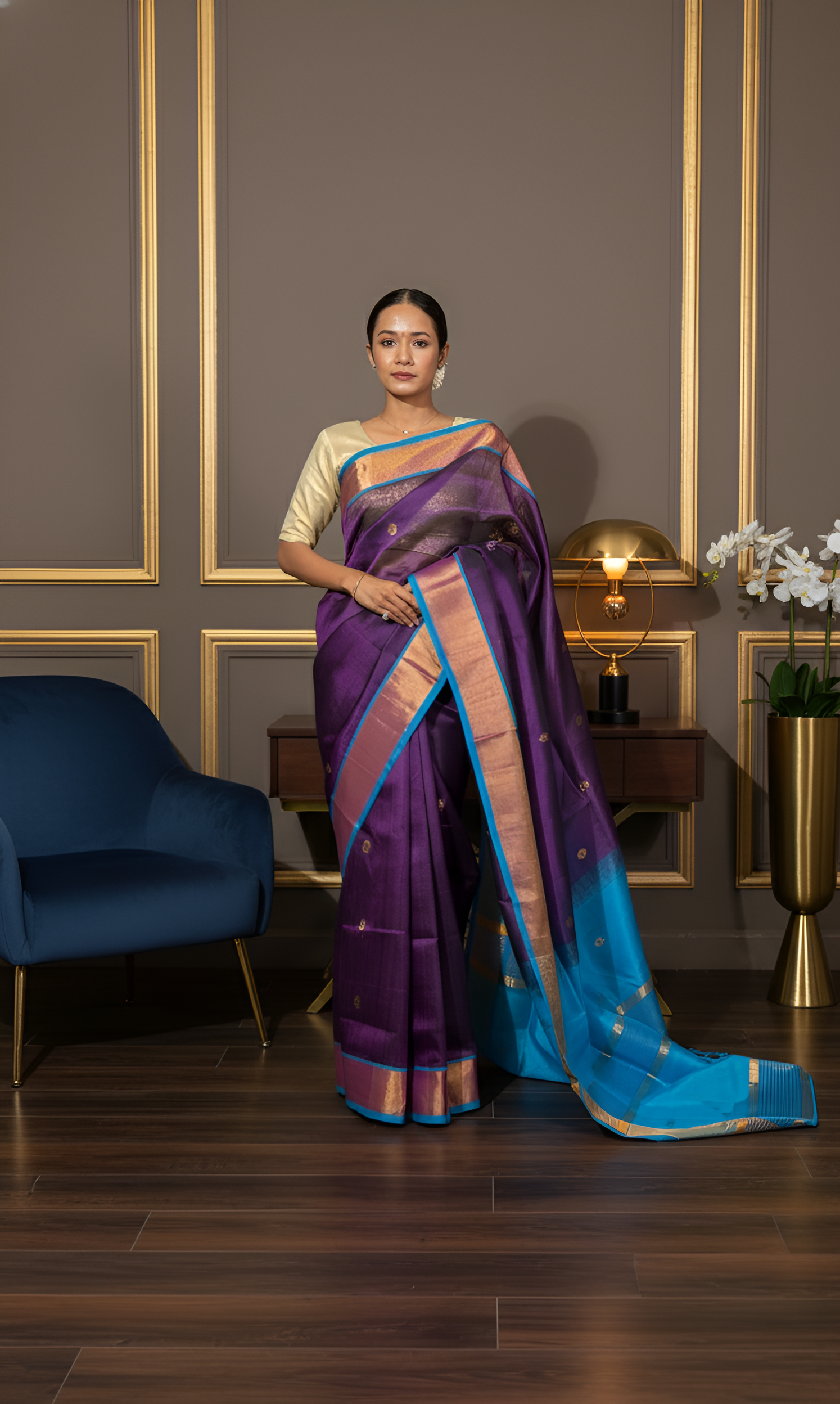 Dark Purple with Sky Blue Palla Paturi Silk Saree With Blouse Piece