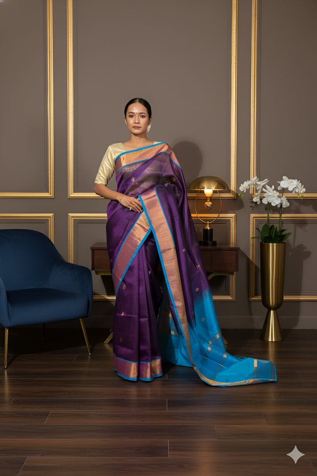 Dark Purple with Sky Blue Palla Paturi Silk