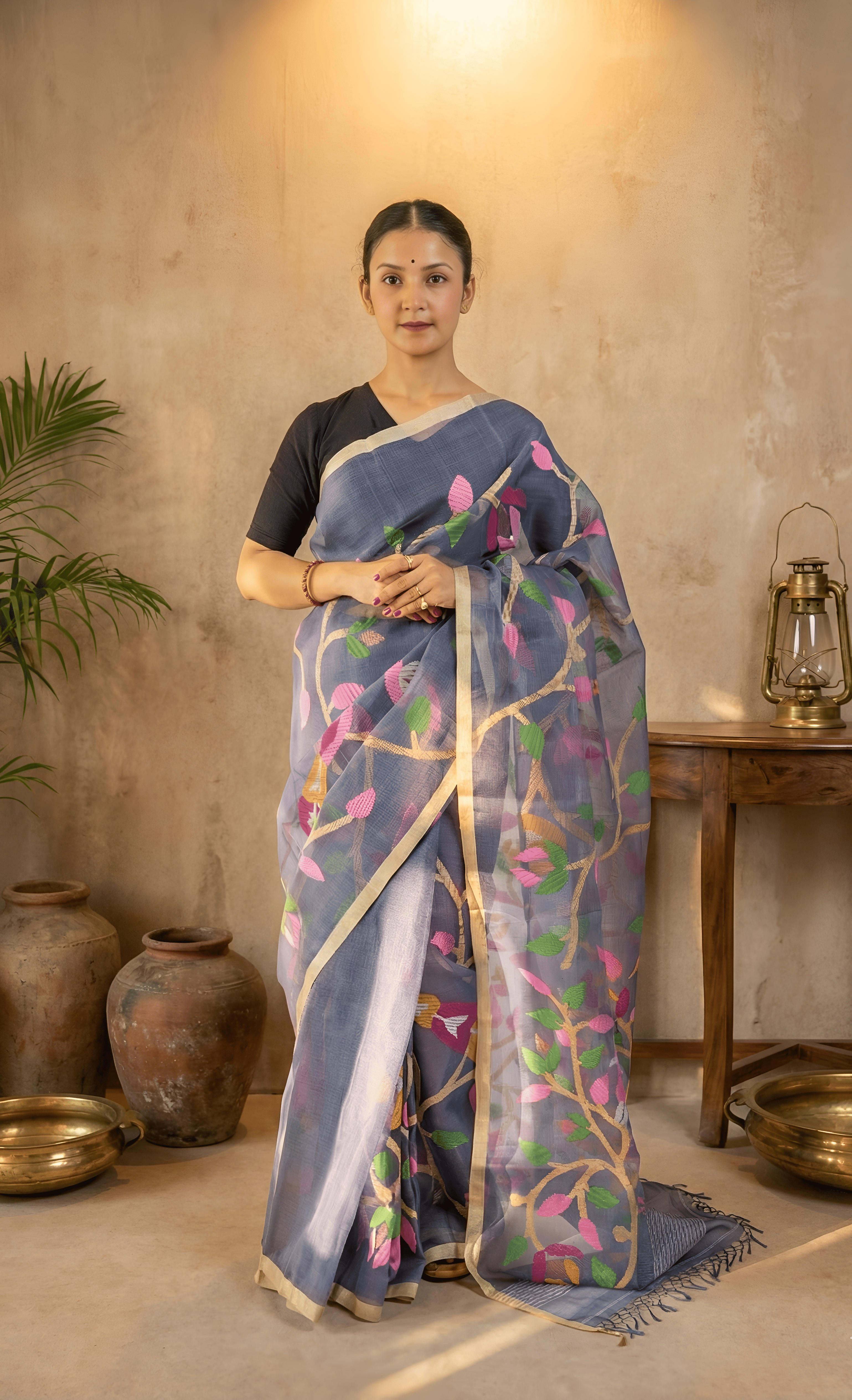 Blue Grey Organza Saree, All Over Jamdani Work With Blouse Piece