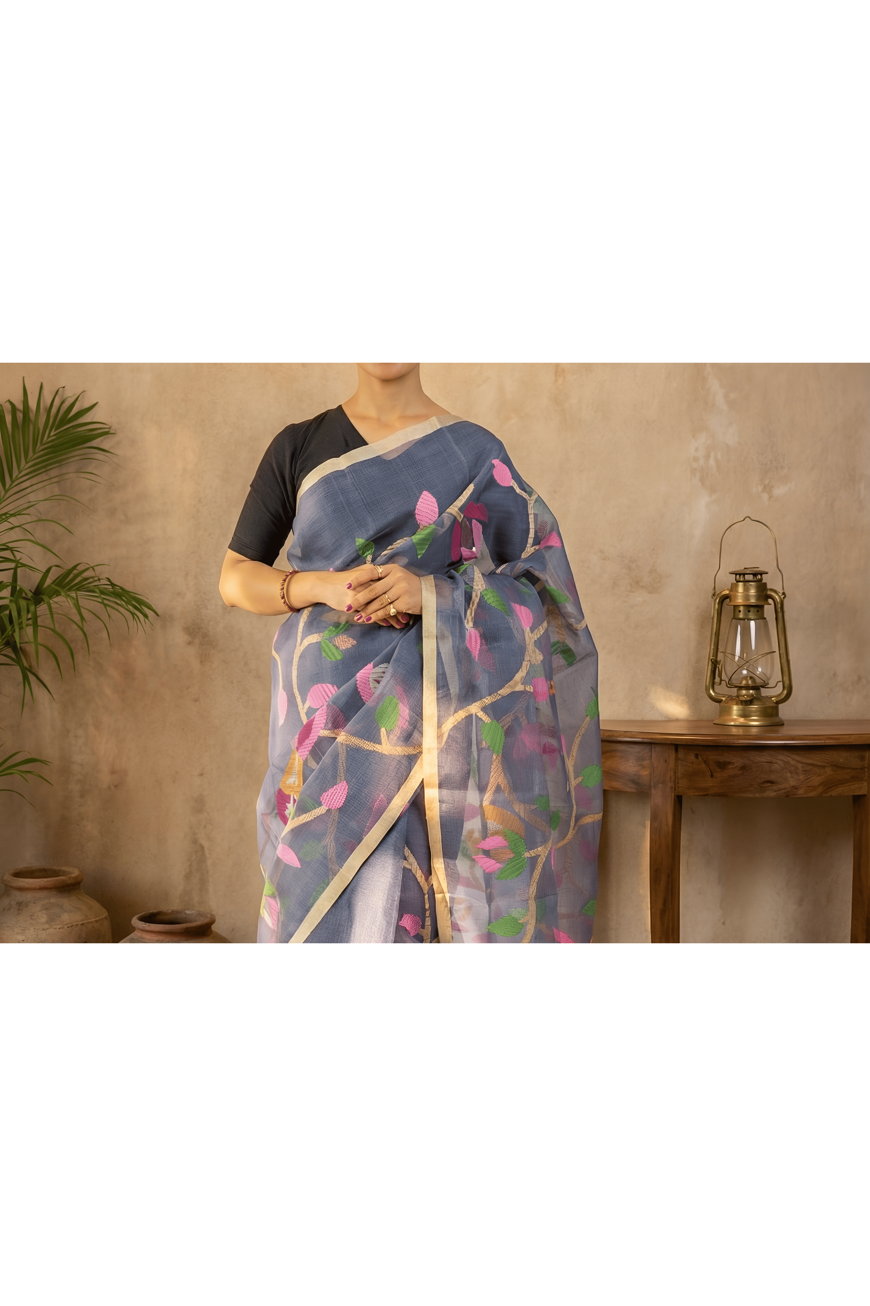 Blue Grey Organza Saree, All Over Jamdani Work With Blouse Piece
