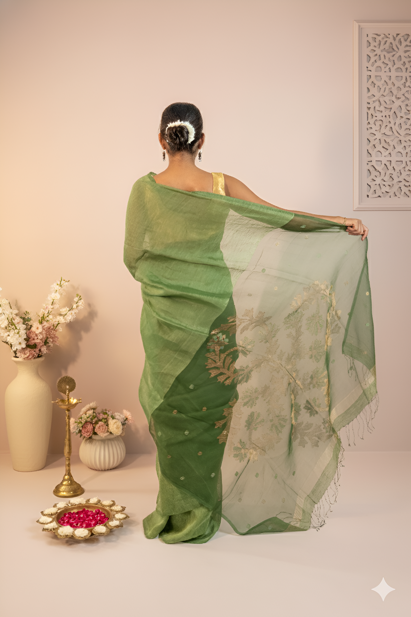 Light Meadow Green Solid Color, No Border Linen Silk Saree With Blouse Piece