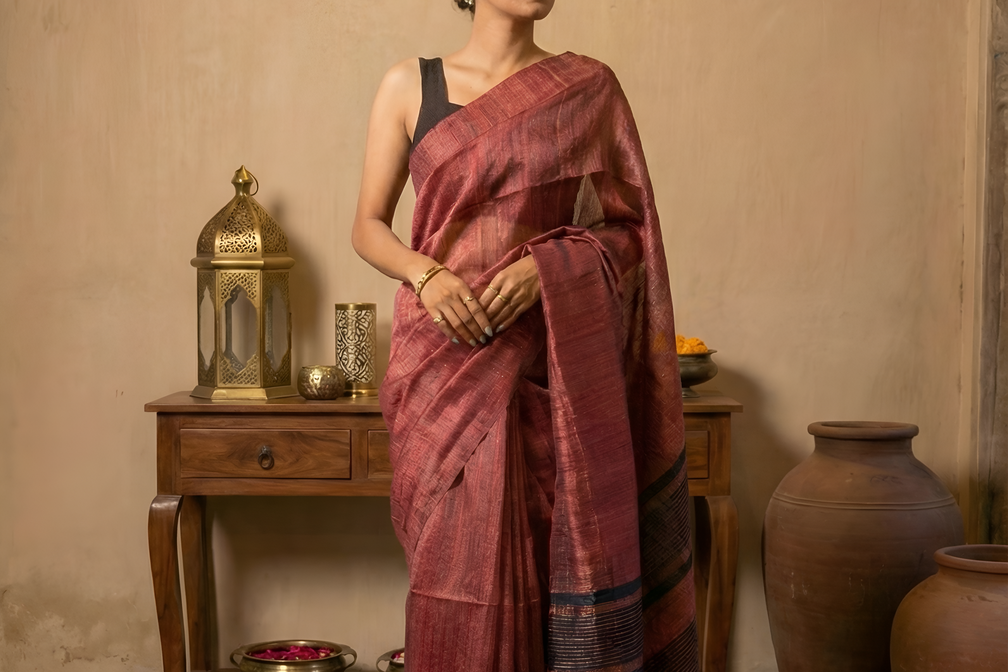Beautiful Black & Raw Maroon Gicha Tussar Silk Saree With Blouse Piece
