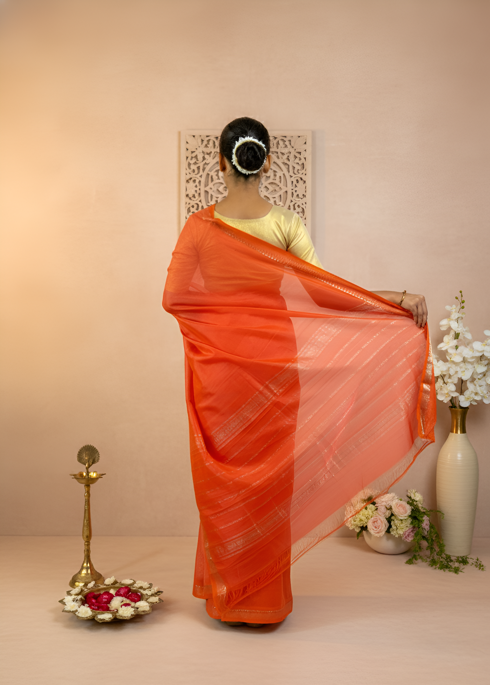 Orange Mangalgiri Pattu Saree With Blouse Piece