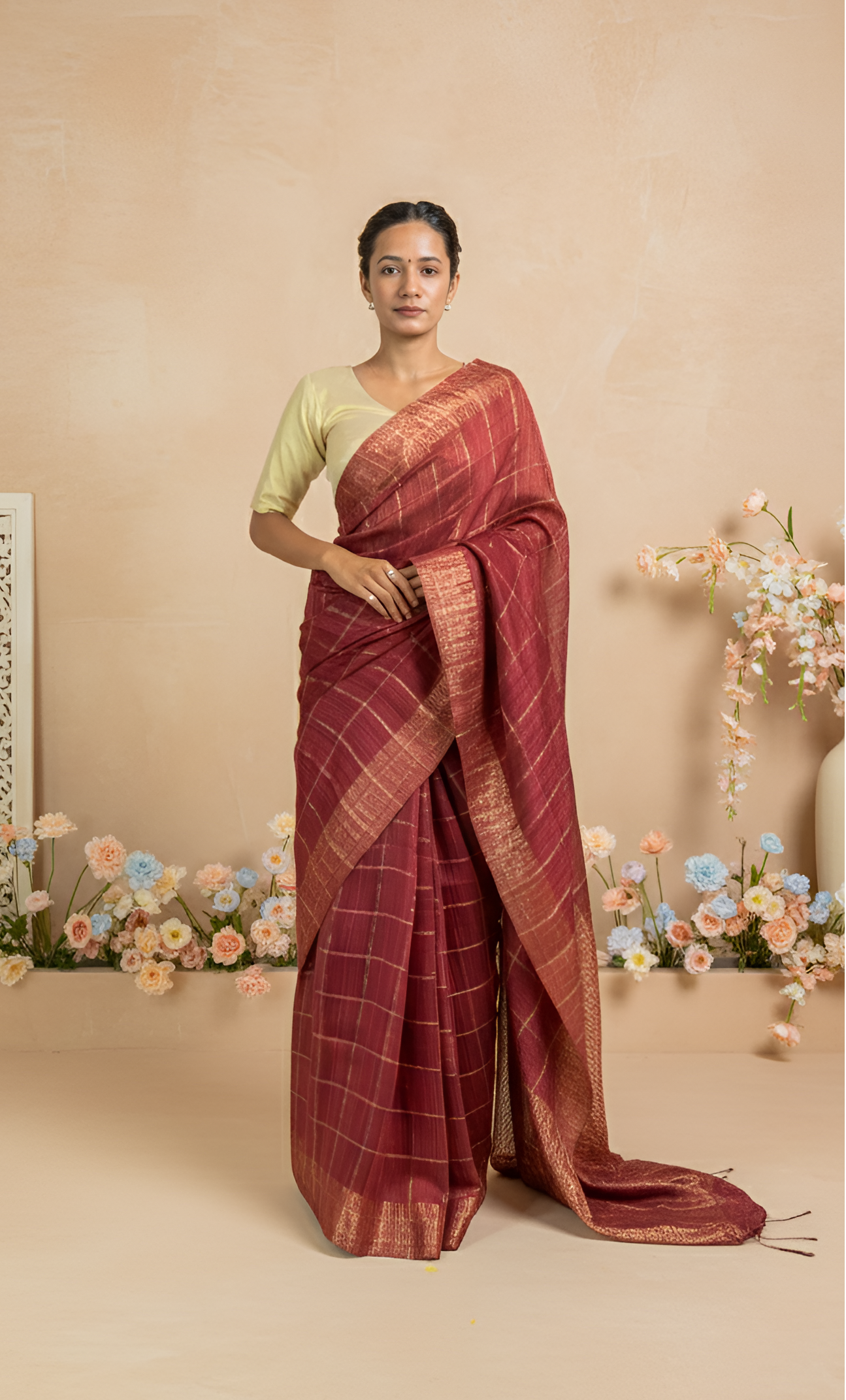 Golden Checks, Zari Border Maroon Matka Silk Saree With Blouse Piece