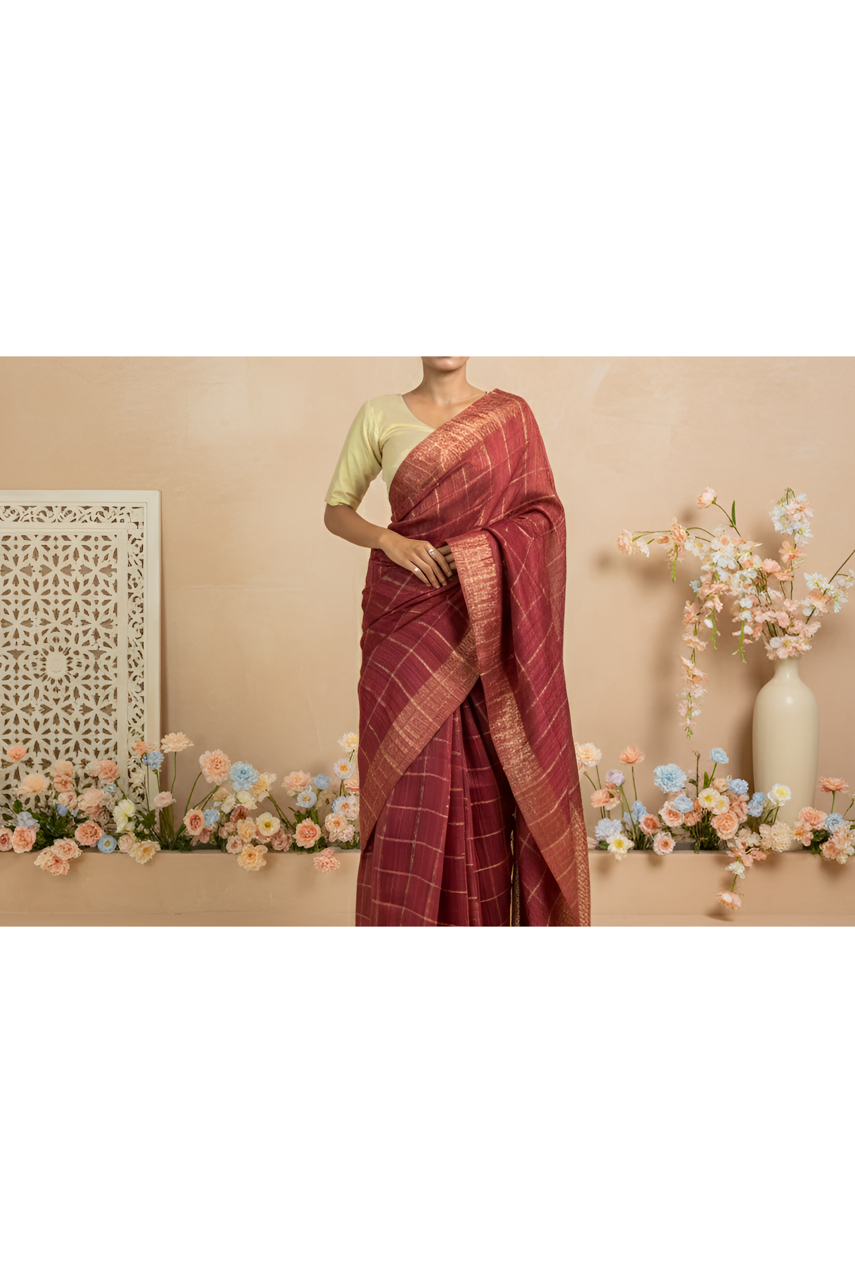 Golden Checks, Zari Border Maroon Matka Silk Saree With Blouse Piece