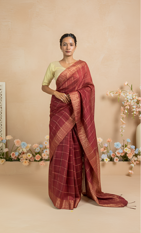 Golden Checks, Zari Border Maroon Matka Silk Saree With Blouse Piece