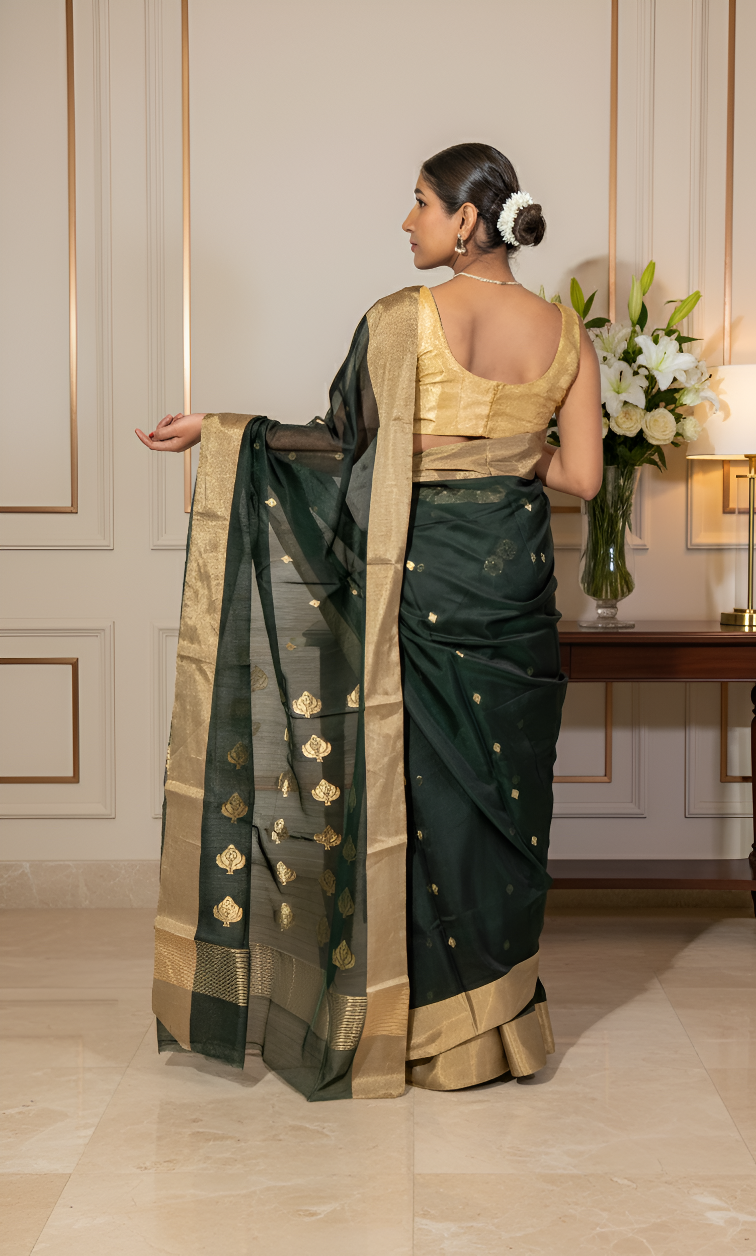 Darkest Green (Almost Black) & Gold Chanderi Silk Cotton Saree With Blouse Piece