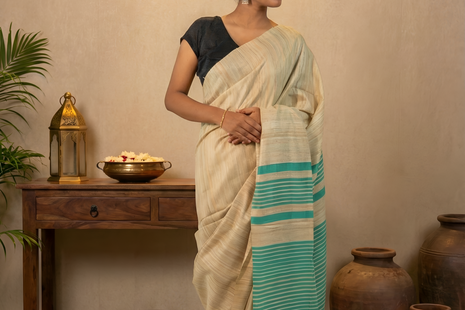 Beautiful Sea Green & Raw Gold Gicha Tussar  Silk Saree With Blouse Piece
