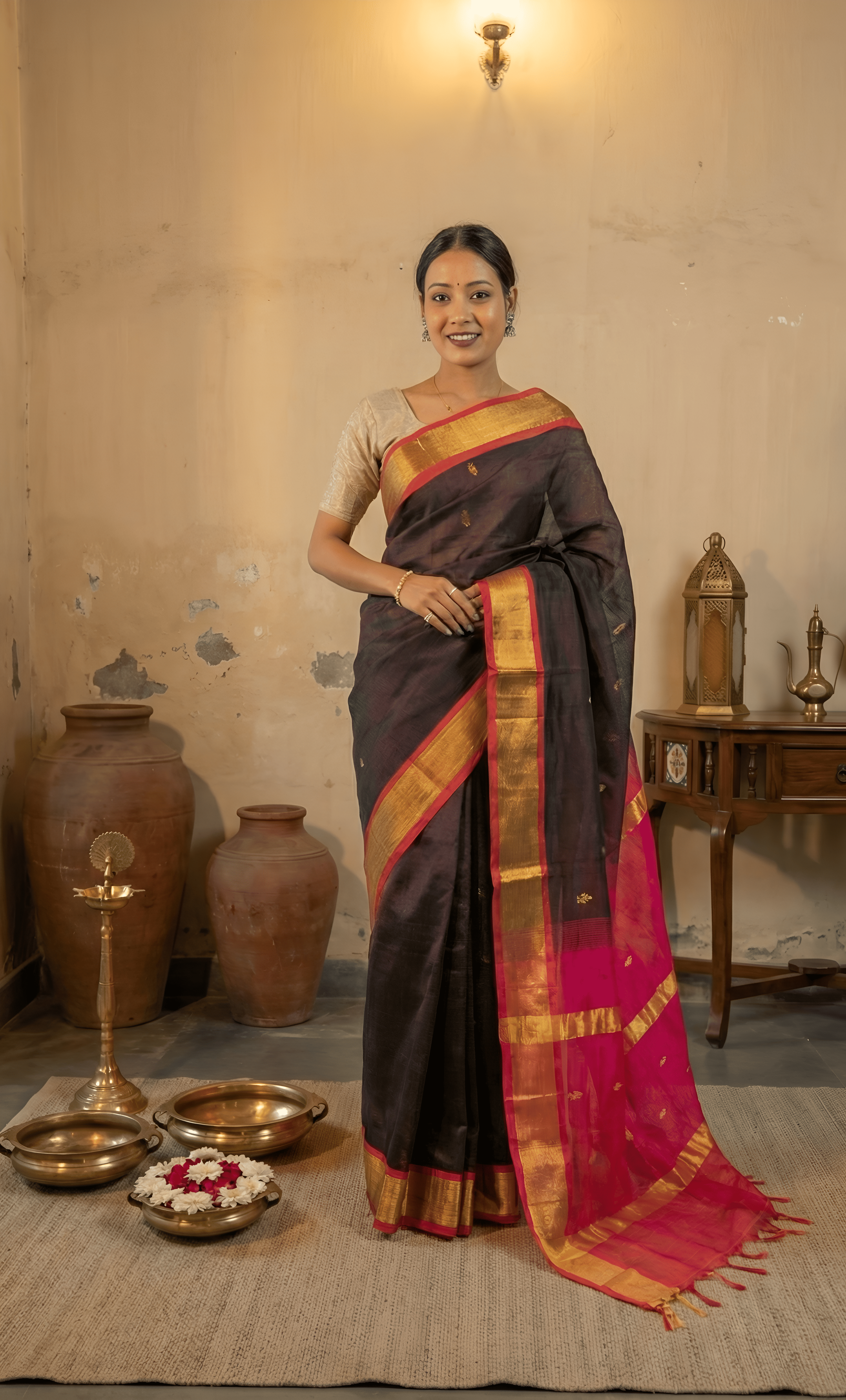 Burgundy Brown Body with Contrast Rani Pink Paturi Silk Saree With Blouse Piece