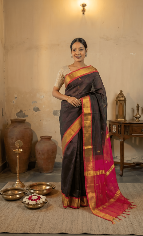 Burgundy Brown Body with Contrast Rani Pink Paturi Silk Saree With Blouse Piece