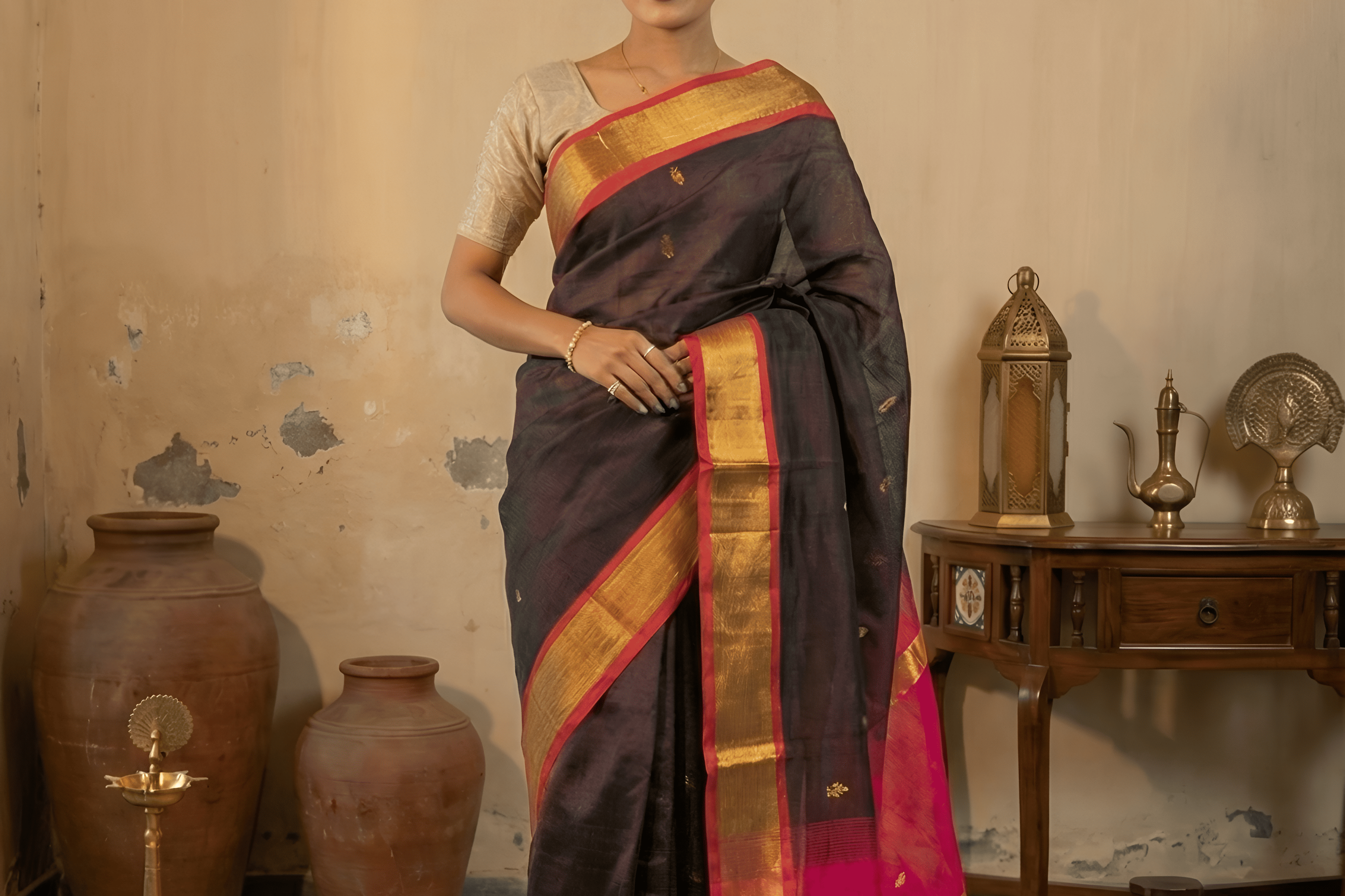 Burgundy Brown Body with Contrast Rani Pink Paturi Silk Saree With Blouse Piece