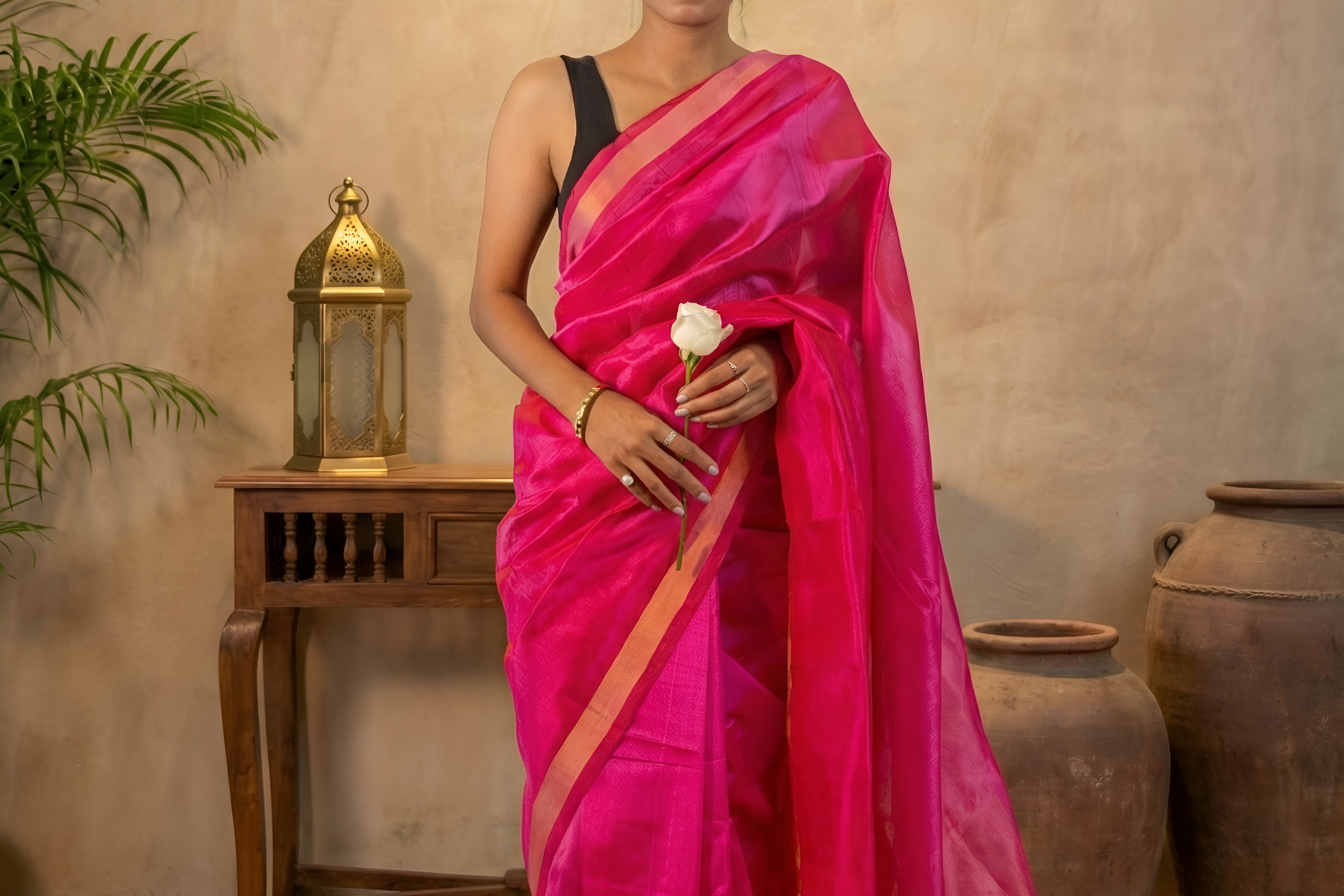 Hot Pink Plane Paturi Silk Saree with Gold Zari Border With Blouse Piece