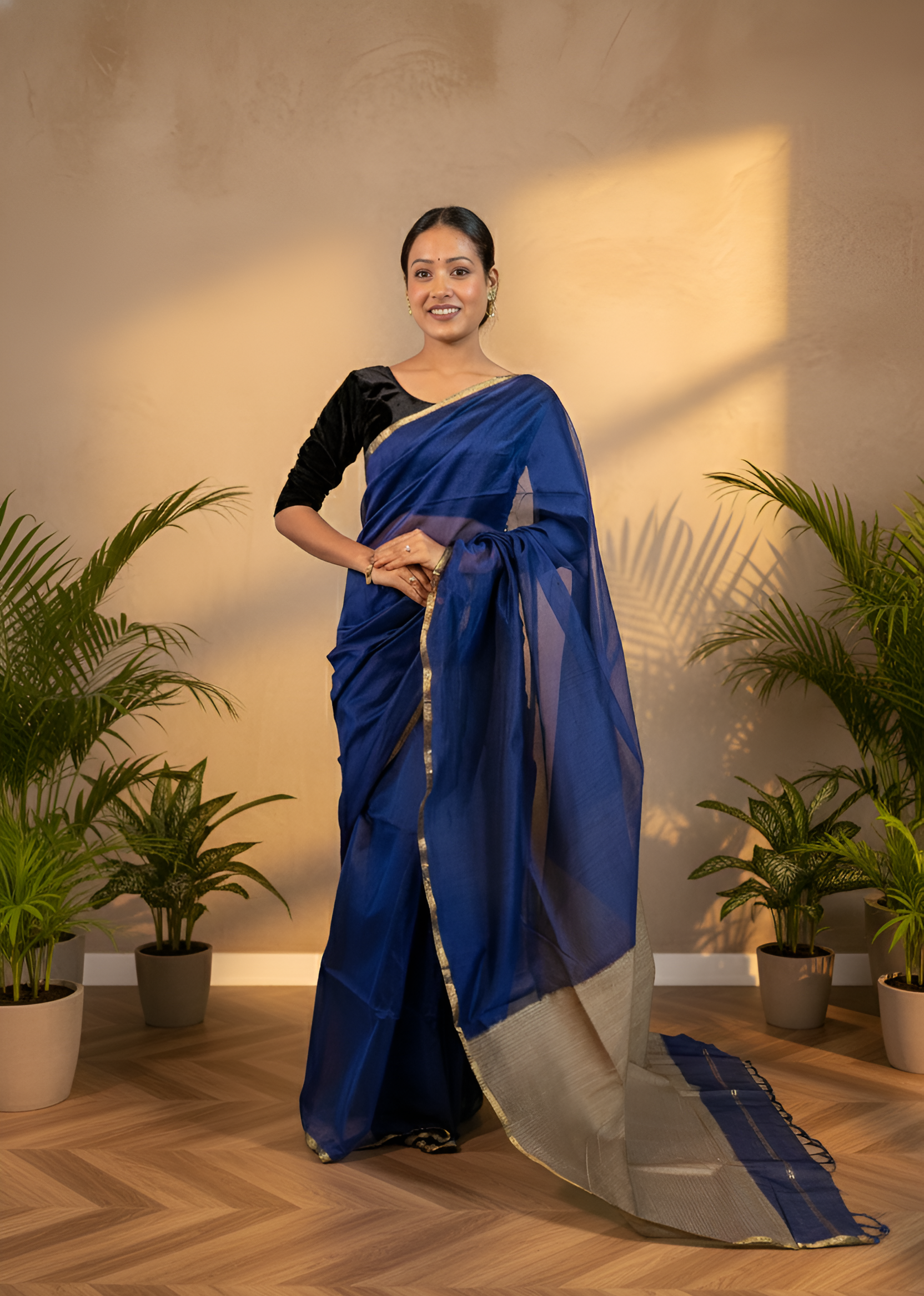 German Blue with Geecha Palla Maheshwari Saree With Blouse Piece