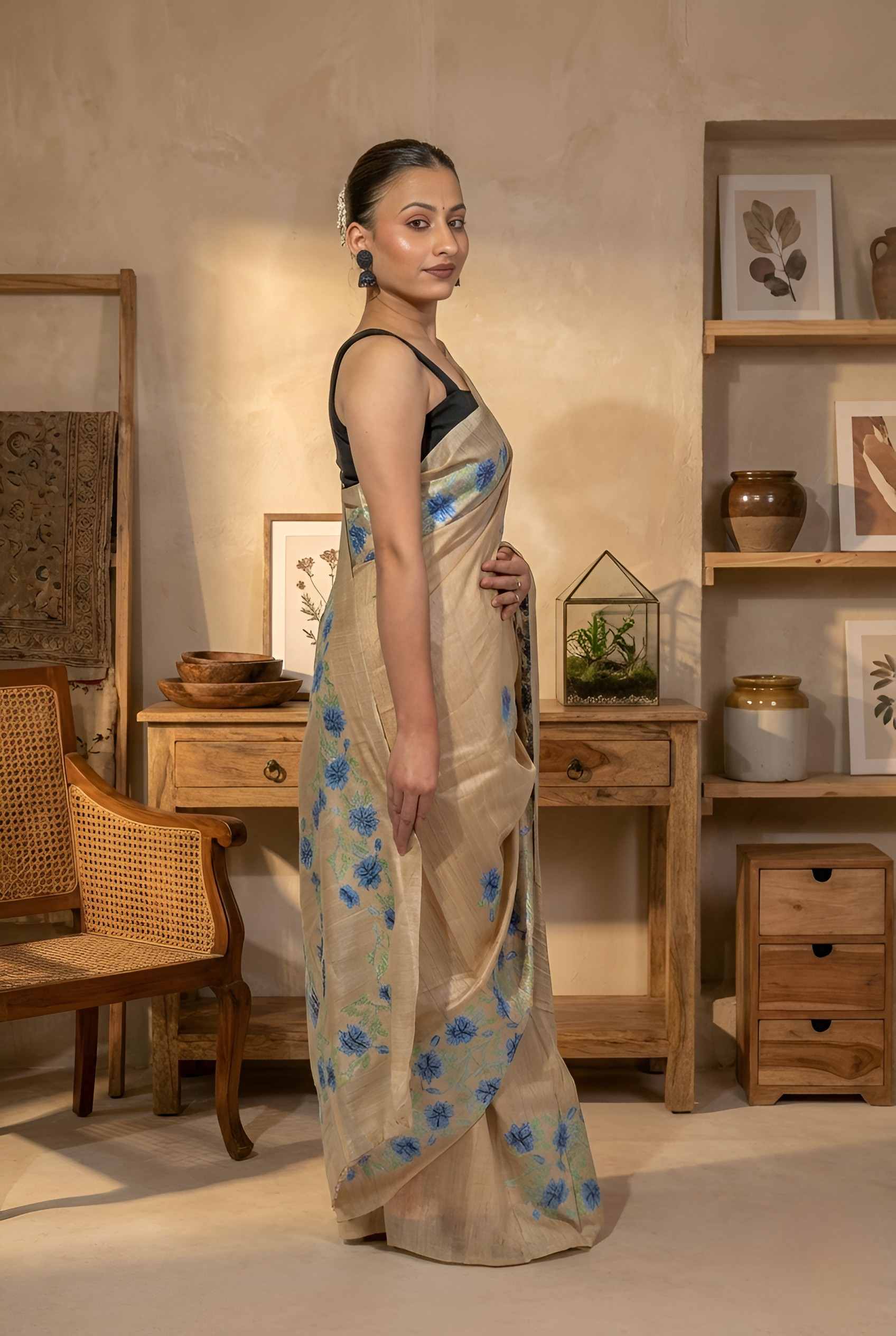 Teal Blue Flowers Embroidery on Natural Soft Tussar Silk Saree With Blouse Piece