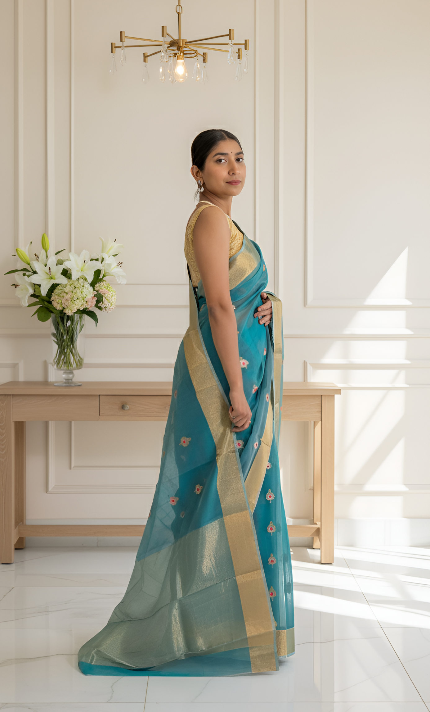 Teal Blue & Golden Border Chanderi Silk Cotton Saree With Blouse Piece