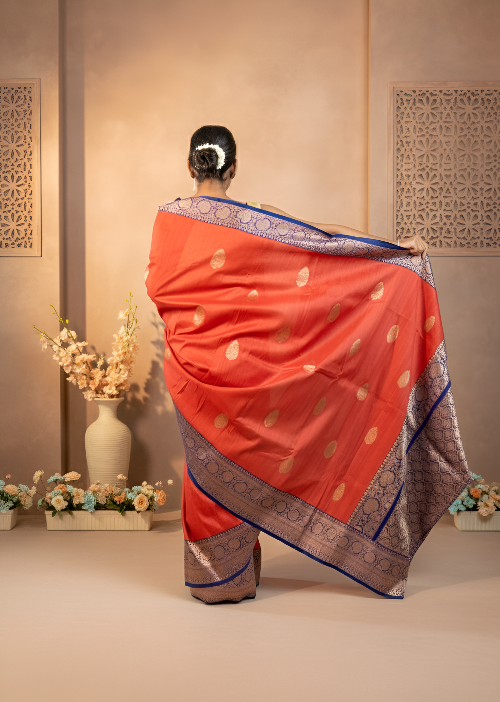 Amarnath Red with Royal Blue Contrast Tussar Silk Saree With Blouse Piece