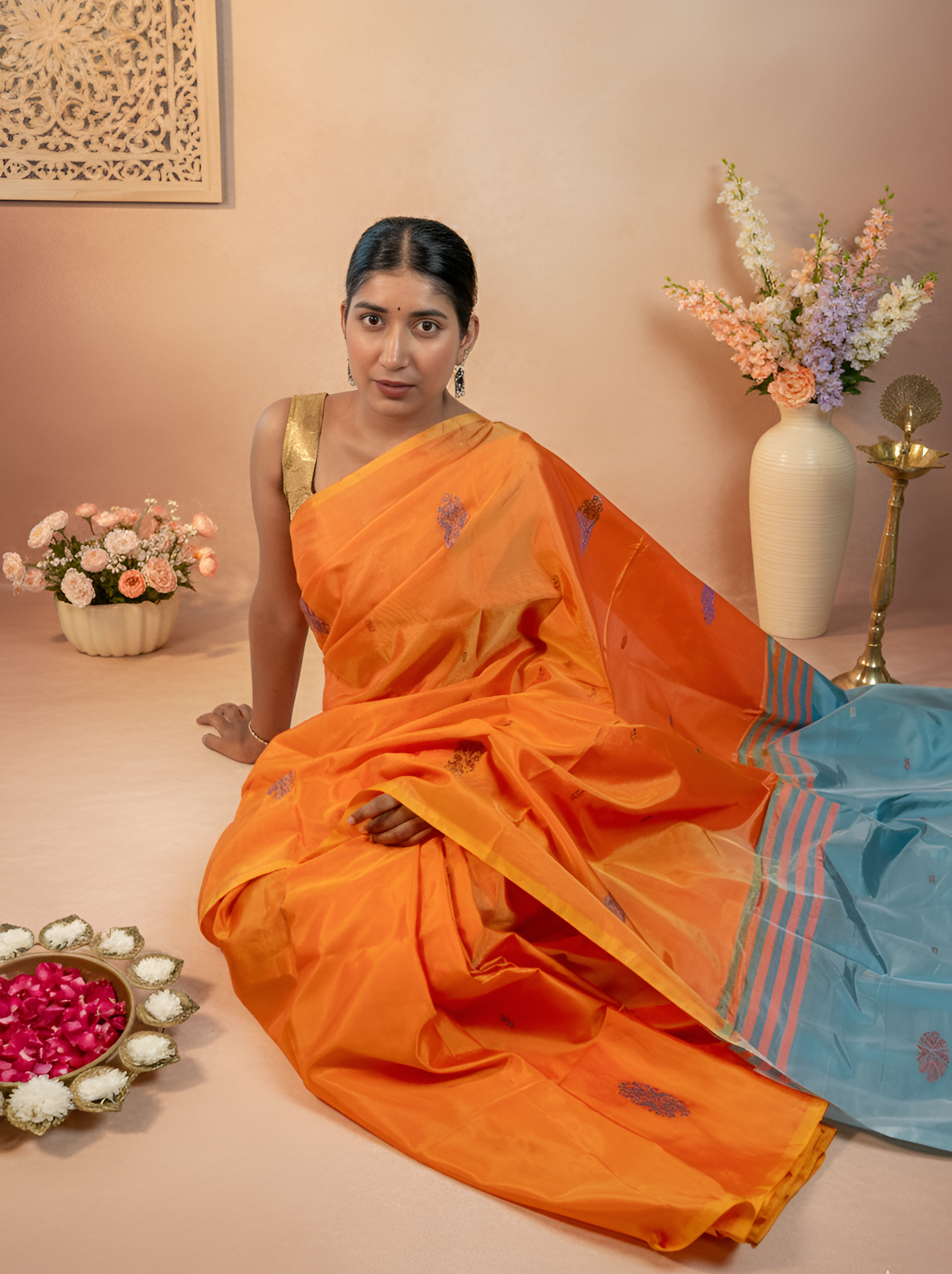 Perfect Orange Body & Sea Blue Palla Banana Silk Saree With Blouse Piece