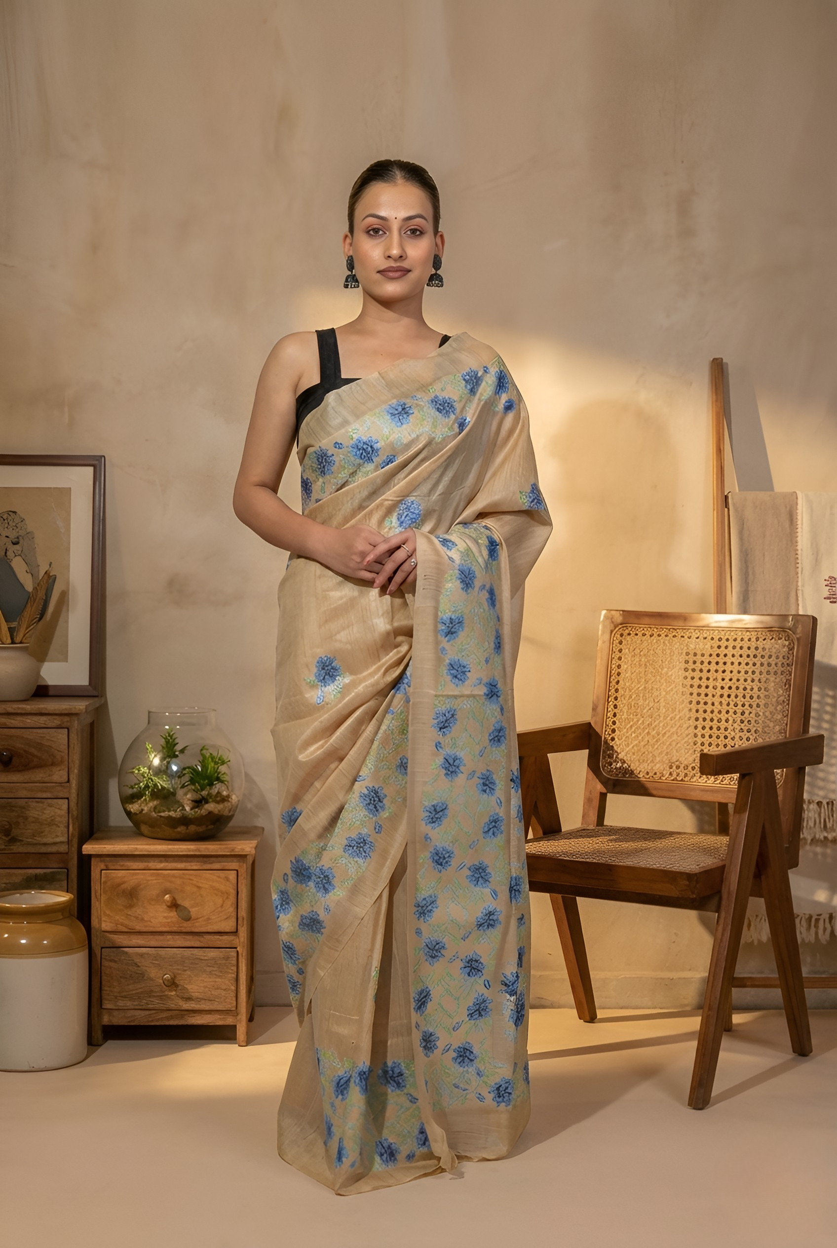 Teal Blue Flowers Embroidery on Natural Soft Tussar Silk Saree With Blouse Piece