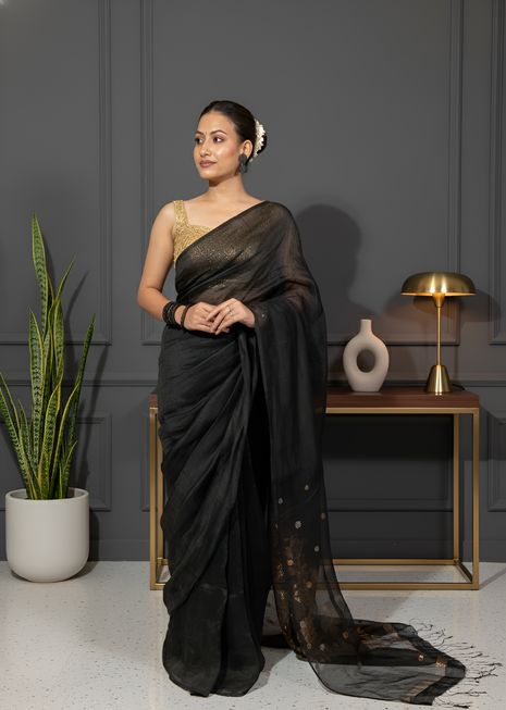 Black Colour Silk Linen Saree with Organza Jamdani Palla With Blouse Piece