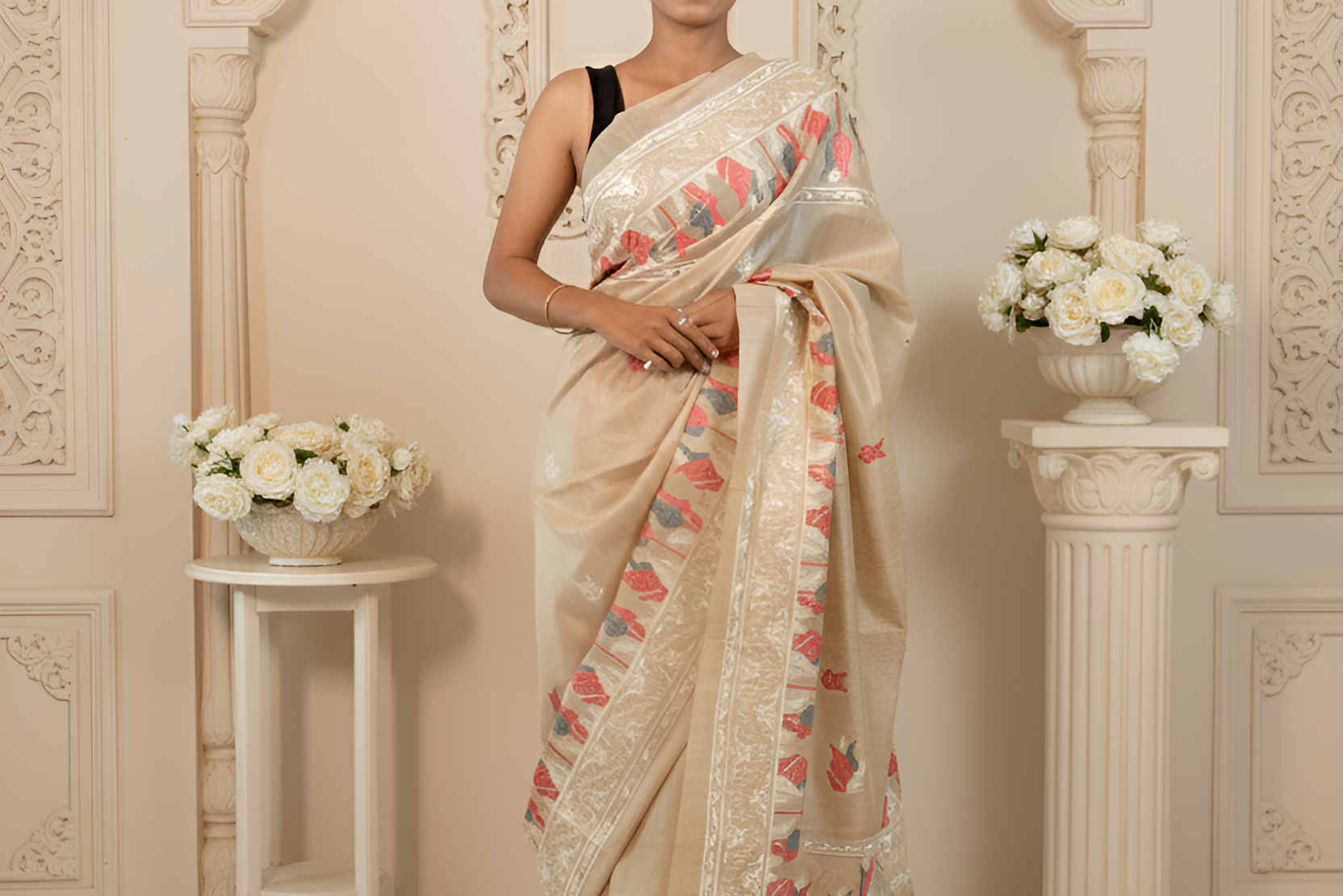 Peach White & Grey Color Tulips Embroidered on Tussar Silk Saree With Blouse Piece