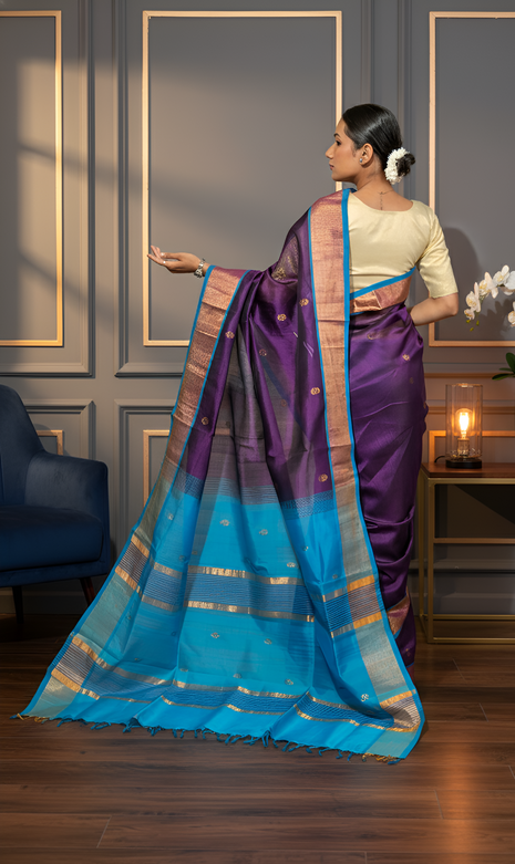 Dark Purple with Sky Blue Palla Paturi Silk Saree With Blouse Piece