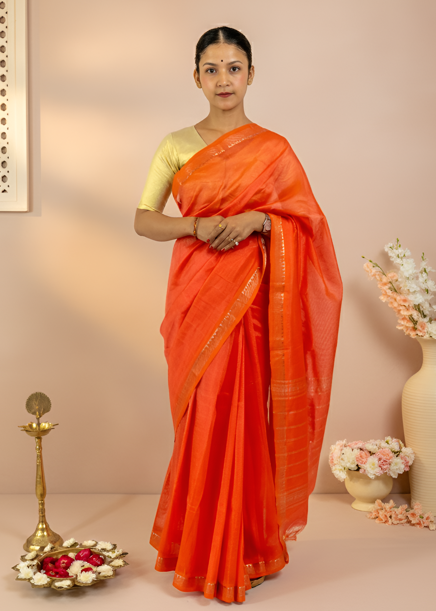 Orange Mangalgiri Pattu Saree With Blouse Piece