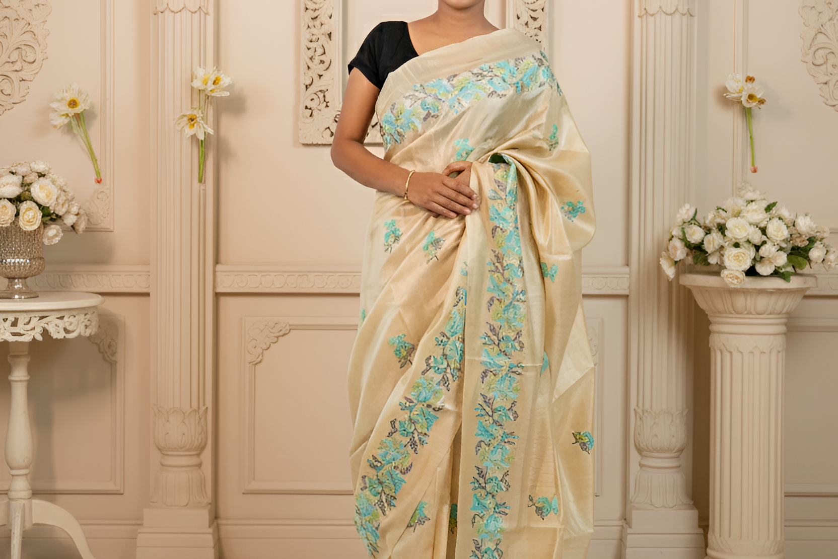 Sea Green & Grey Color Lilies Embroidered on Tussar Silk Saree With Blouse Piece