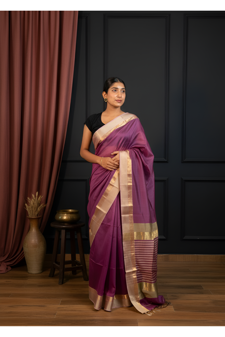 Dark Mauve Maheshwari Saree With Blouse Piece