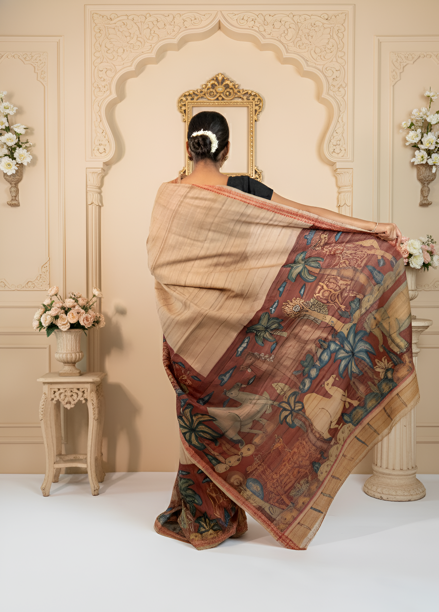 Brick Red Dominated Kalamkari Art on Tussar Silk Saree With Blouse Piece