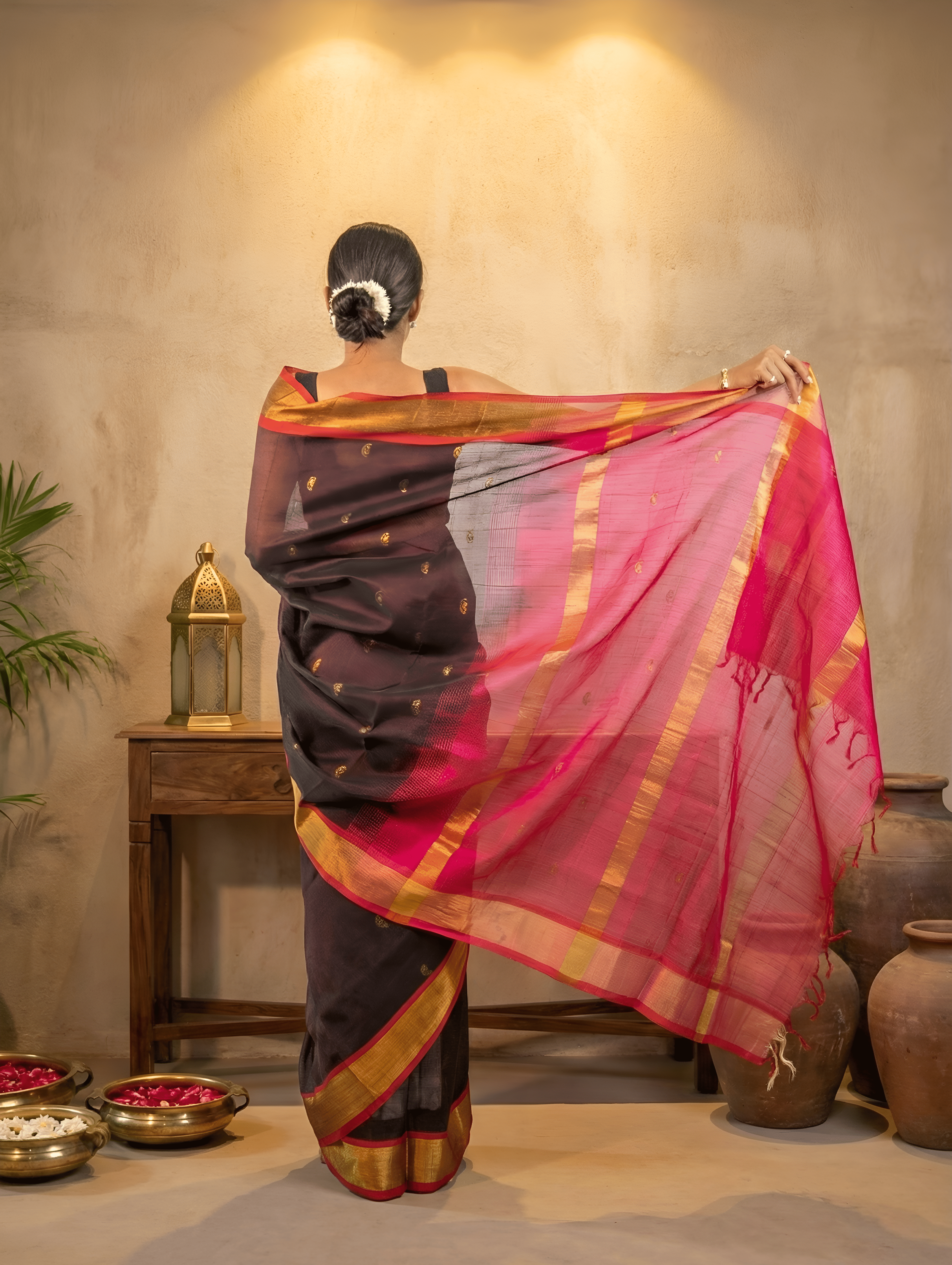 Burgundy Brown Body with Contrast Rani Pink Paturi Silk Saree With Blouse Piece