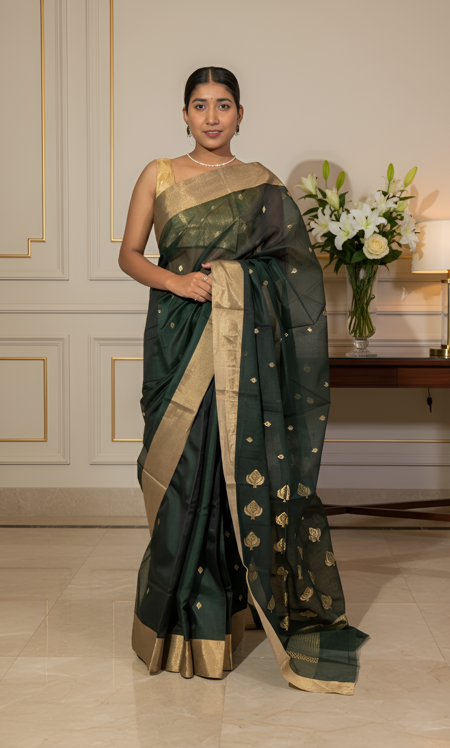Darkest Green (Almost Black) & Gold Chanderi Silk Cotton Saree With Blouse Piece