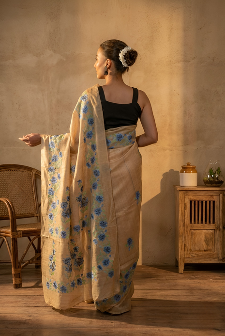 Teal Blue Flowers Embroidery on Natural Soft Tussar Silk Saree With Blouse Piece