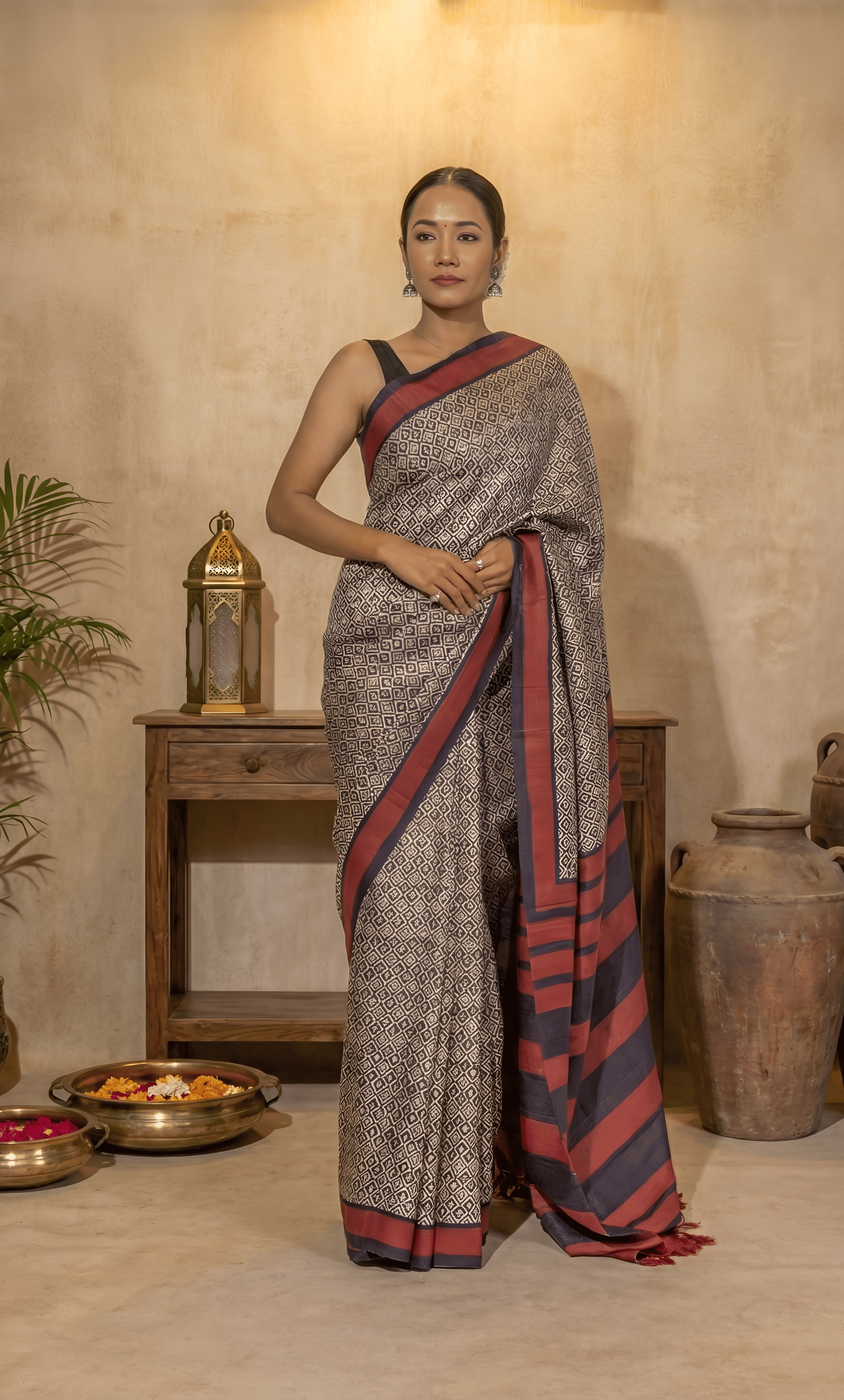 Geometric Print Red & Black Border Tussar Silk Saree With Blouse Piece