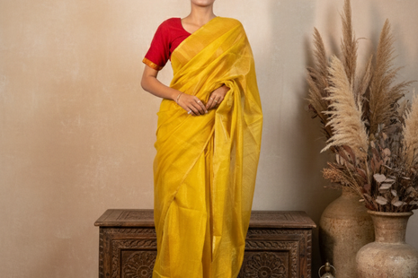 Light Yellow Golden Tissue Maheshwari Saree With Blouse Piece