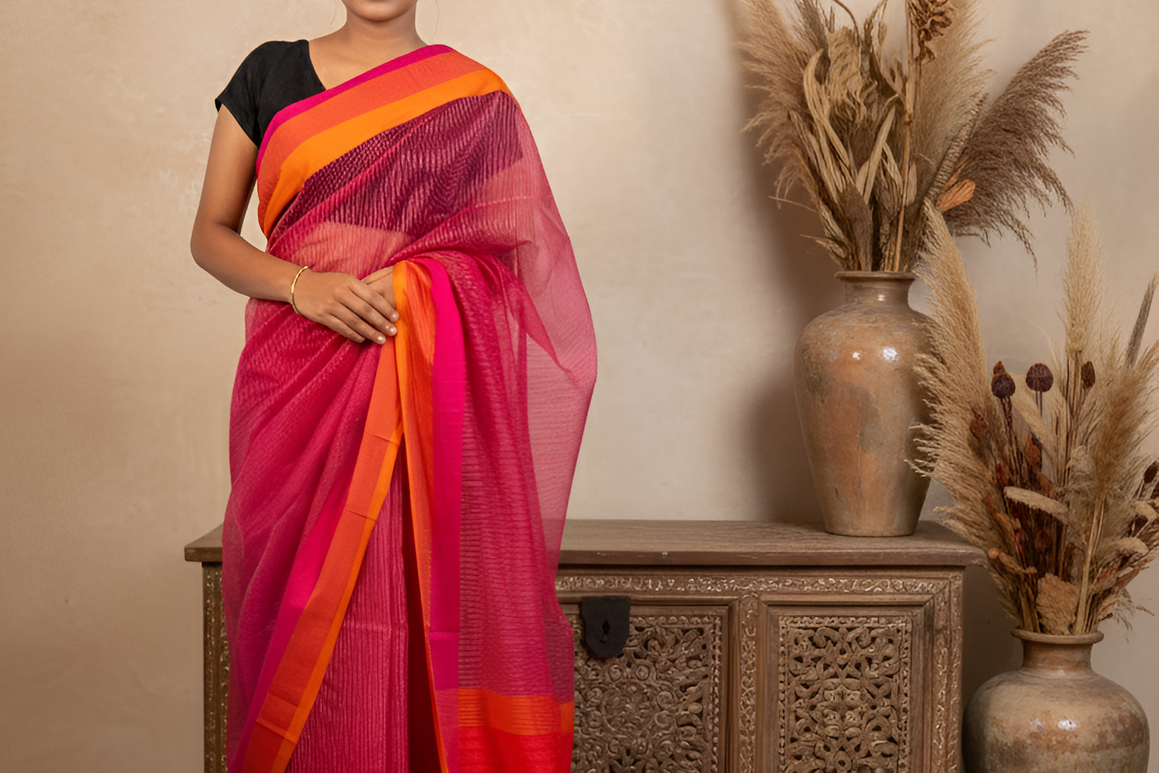 Rani Pink & Orange Combination Thread Work Maheshwari Silk Saree With Blouse Piece