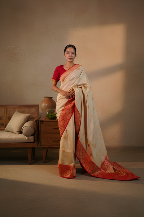 Royal Cream With Crimson Red Contrast Border Tussar Silk Saree with Blouse Piece