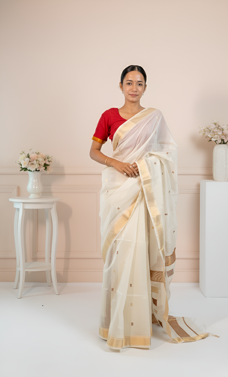 Off White Gold & Brown Maheshwari Saree With Blouse Piece