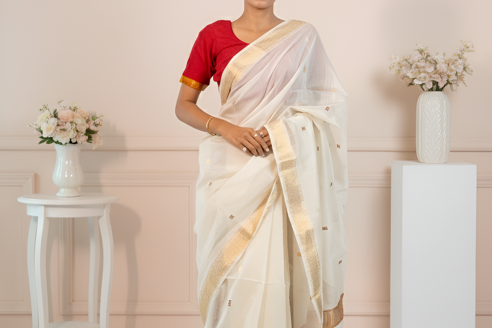 Off White Gold & Brown Maheshwari Saree With Blouse Piece