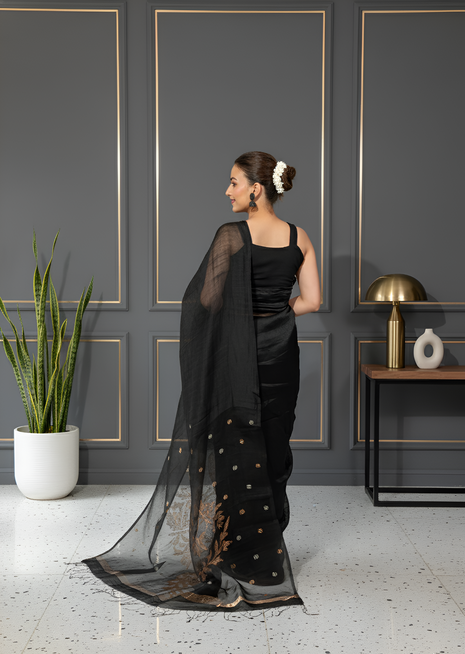 Black Colour Silk Linen Saree with Organza Jamdani Palla With Blouse Piece