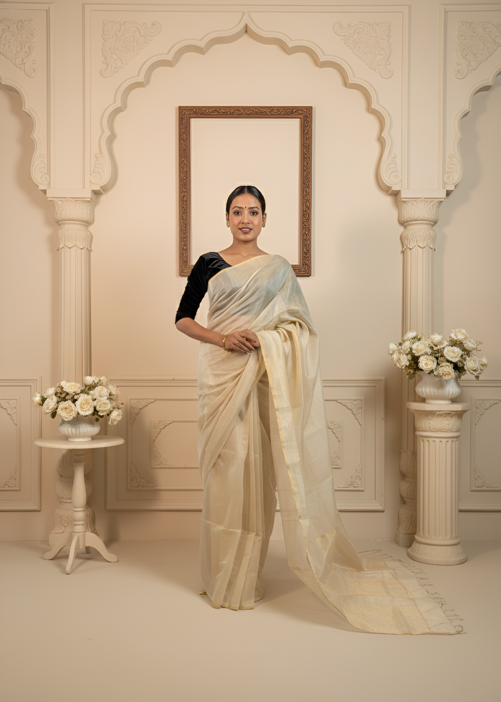 Off White Golden Tissue Maheshwari Saree With Blouse Piece