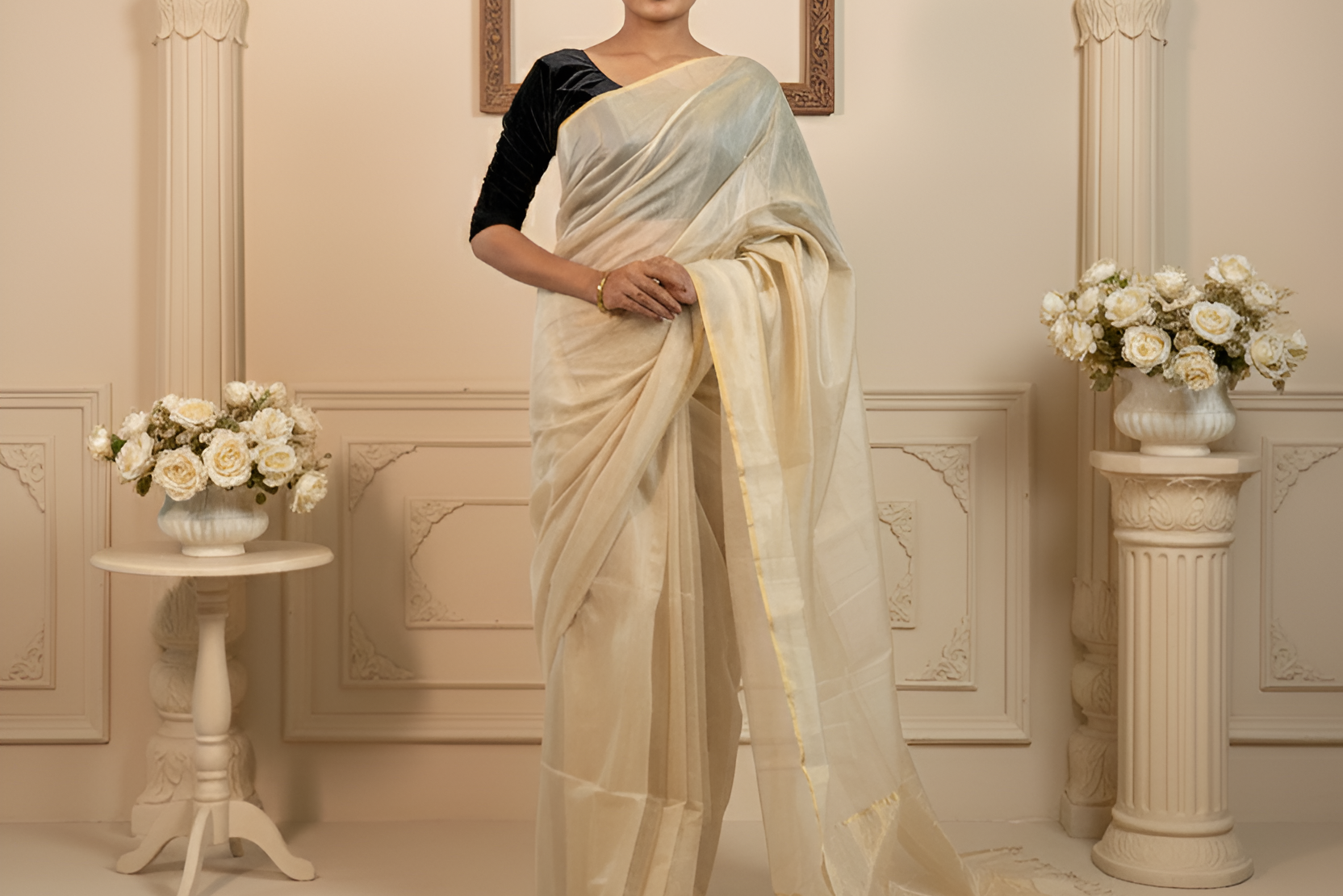 Off White Golden Tissue Maheshwari Saree With Blouse Piece