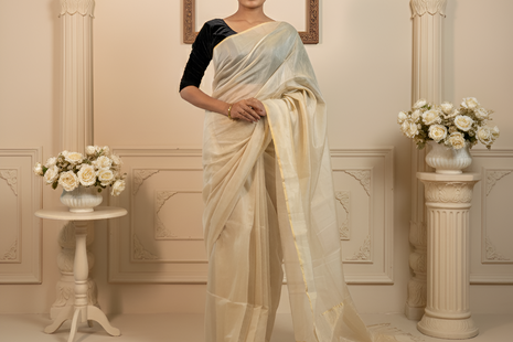 Off White Golden Tissue Maheshwari Saree With Blouse Piece